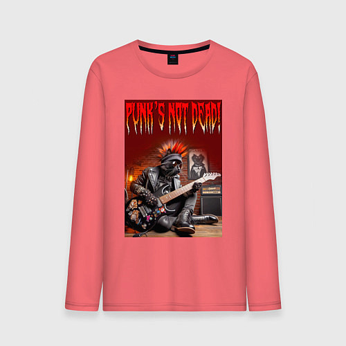 Мужской лонгслив Котяра гитарист - панк не умер / Коралловый – фото 1