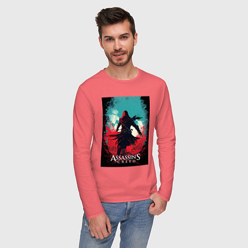 Мужской лонгслив Assassins creed red blue abstract / Коралловый – фото 3