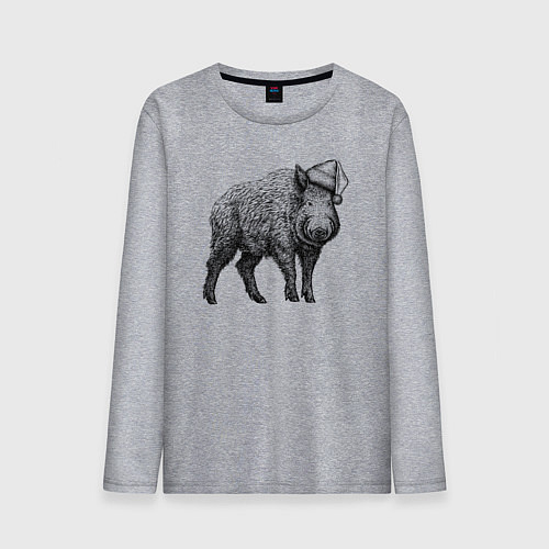 Мужской лонгслив Кабан в новогоднем колпаке / Меланж – фото 1