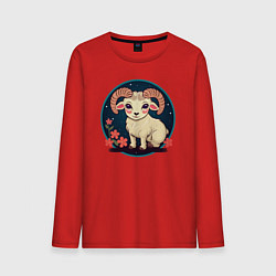 Лонгслив хлопковый мужской Барашек знак зодиака Овен на фоне цветов, цвет: красный
