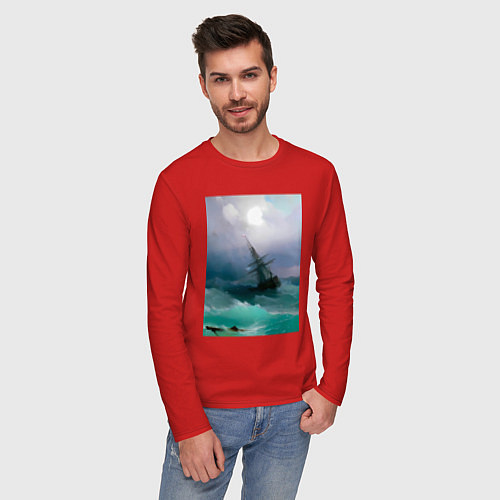 Мужской лонгслив Корабль среди бурного моря / Красный – фото 3