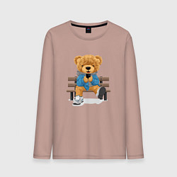 Лонгслив хлопковый мужской Плюшевый медведь на скамейке, цвет: пыльно-розовый