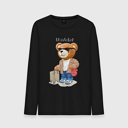 Лонгслив хлопковый мужской Плюшевый медвежонок - путешественник, цвет: черный