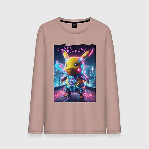 Мужской лонгслив Cyber Pikachu - neon glow ai art fantasy / Пыльно-розовый – фото 1