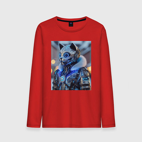 Мужской лонгслив Cyber cat - ai art fantasy / Красный – фото 1