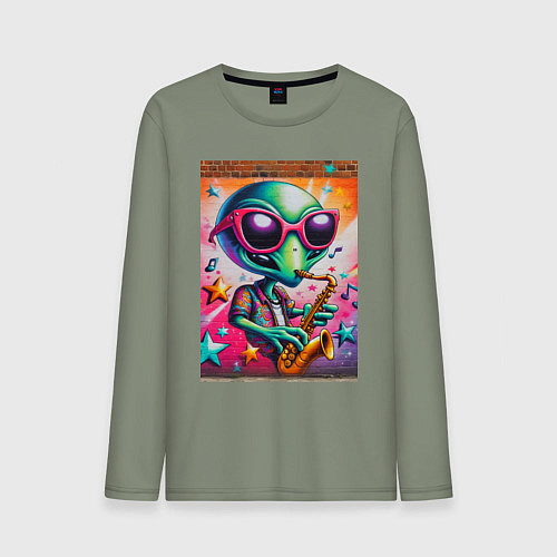 Мужской лонгслив Пришелец играет на саксофоне - граффити / Авокадо – фото 1