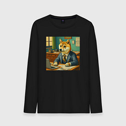 Лонгслив хлопковый мужской Мемная собака Doge в костюме грустно работает за с, цвет: черный