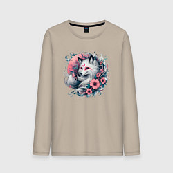 Лонгслив хлопковый мужской Девятихвостая лисица: Кумихо - Кицунэ, цвет: миндальный