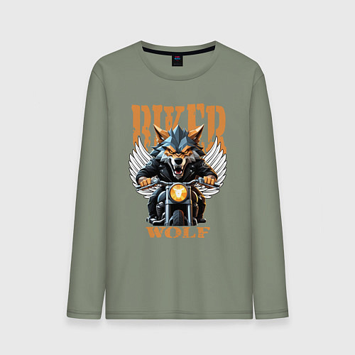 Мужской лонгслив Байкер волк на мотоцикле / Авокадо – фото 1