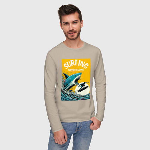Мужской лонгслив Акула и серфер - нейросеть / Миндальный – фото 3