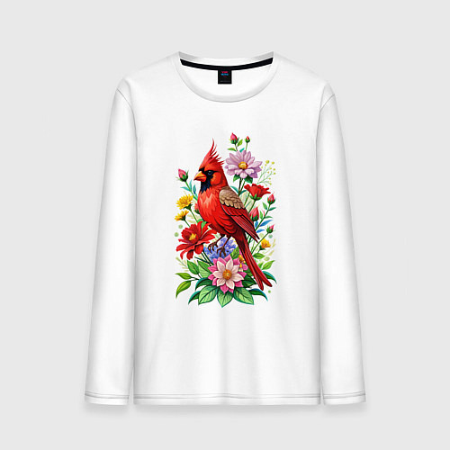 Мужской лонгслив Птица красный кардинал среди цветов / Белый – фото 1