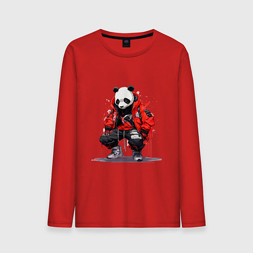 Мужской лонгслив Модная панда в красной куртке / Красный – фото 1