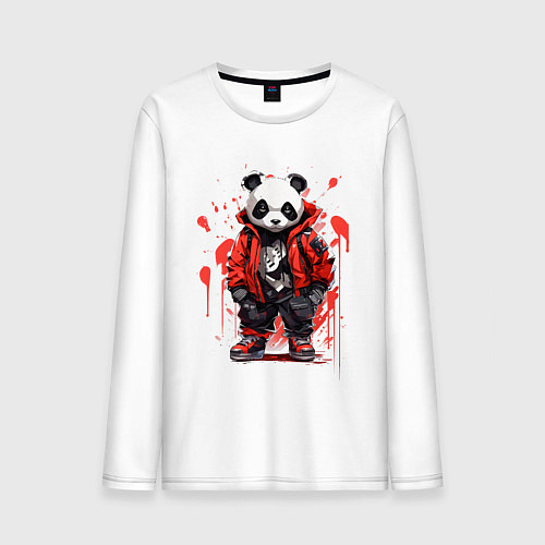 Мужской лонгслив Модная панда в красной куртке / Белый – фото 1