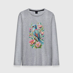 Мужской лонгслив Красивая голубая птица среди цветов