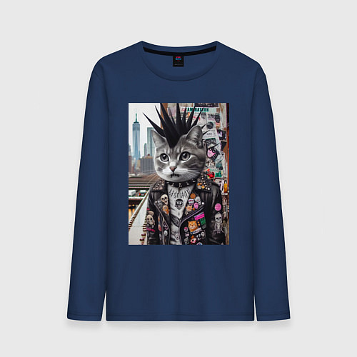Мужской лонгслив Нью-Йоркский панк музыкант - нейросеть / Тёмно-синий – фото 1