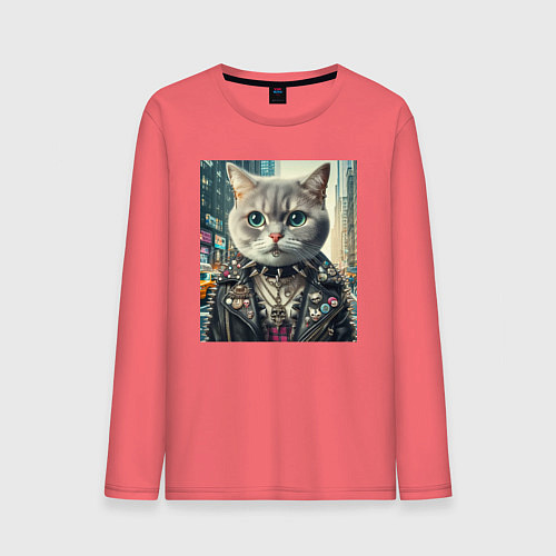 Мужской лонгслив Прикольный котик фанат тяжёлого рока - нейросеть / Коралловый – фото 1