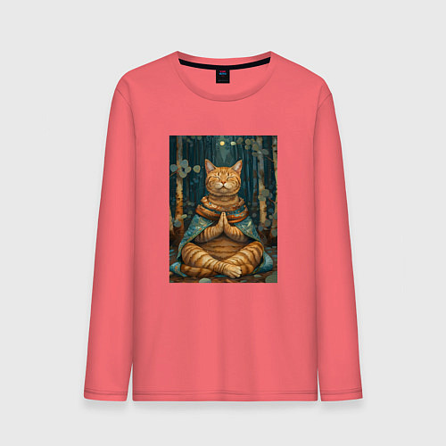 Мужской лонгслив Кот на медитации / Коралловый – фото 1
