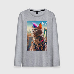 Лонгслив хлопковый мужской Funny cat punk from New York - ai art, цвет: меланж