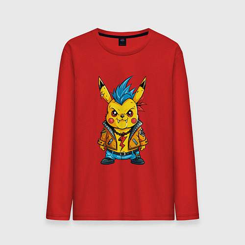 Мужской лонгслив Злой Пикачу панк с голубым ирокезом / Красный – фото 1