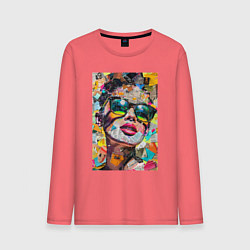 Лонгслив хлопковый мужской Лицо девушки из обрезков газет и журналов, цвет: коралловый