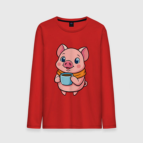 Мужской лонгслив Поросенок пьет кофе / Красный – фото 1