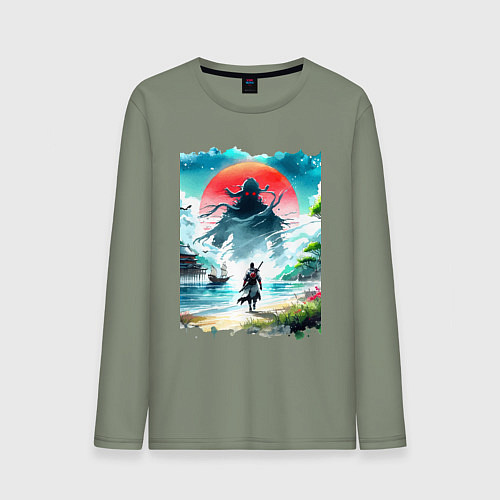 Мужской лонгслив Призрак Цусимы - самурай на берегу озера / Авокадо – фото 1