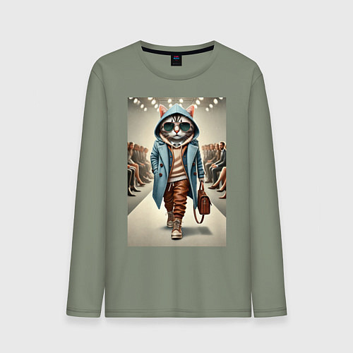 Мужской лонгслив Модный кот в очках на дефиле животных / Авокадо – фото 1