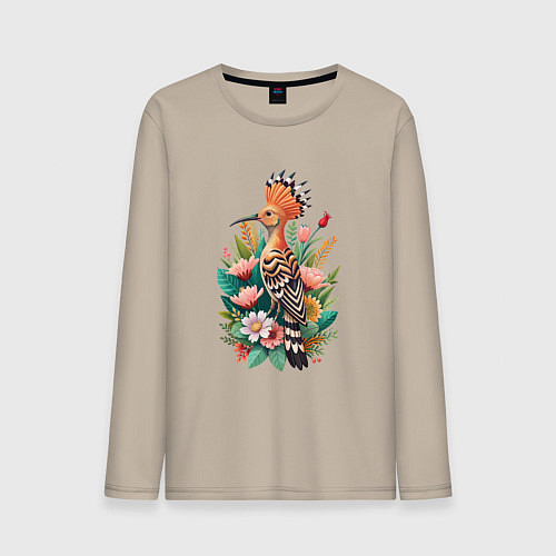 Мужской лонгслив Птица удод среди цветов / Миндальный – фото 1
