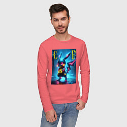 Лонгслив хлопковый мужской Cyber Pikachu - neon glow ai art, цвет: коралловый — фото 2