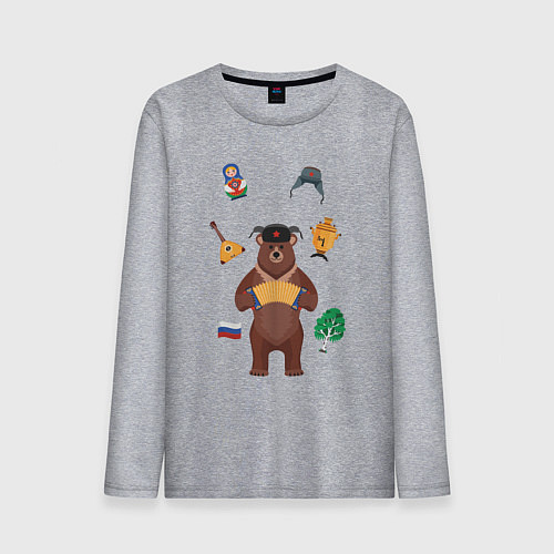 Мужской лонгслив Медведь с балалайкой в ушанке и матрёшка / Меланж – фото 1