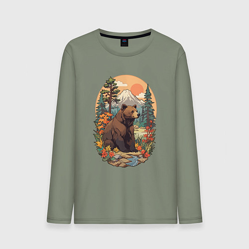 Мужской лонгслив Медведь в лесу на фоне гор / Авокадо – фото 1