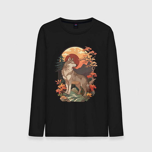 Мужской лонгслив Волк в лесу в японском стиле / Черный – фото 1