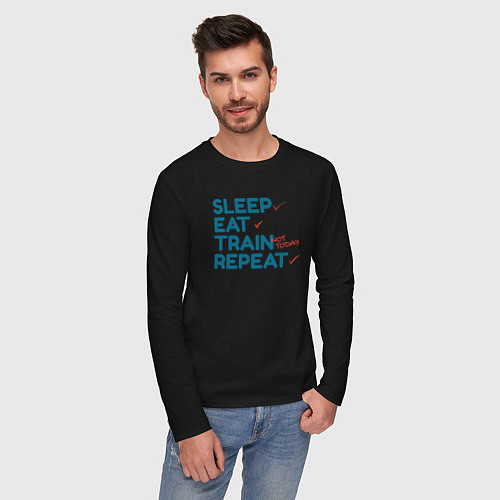 Мужской лонгслив Eat sleep train repeat - blue and red / Черный – фото 3