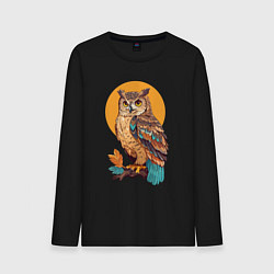 Лонгслив хлопковый мужской Сова на ветке с листьями, цвет: черный