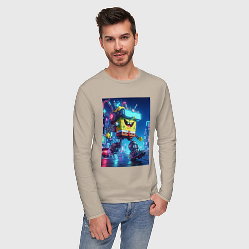 Мужской лонгслив Cyber Sponge Bob - neon glow fantasy / Миндальный – фото 3