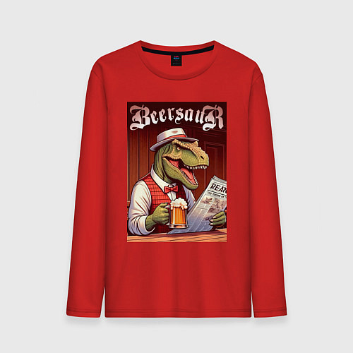 Мужской лонгслив Пивозавр с кружкой пива читает газету - ретро / Красный – фото 1