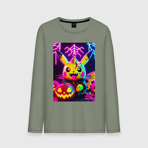Мужской лонгслив Зомби Пикачу с тыквой - неоновое свечение / Авокадо – фото 1