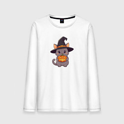 Лонгслив хлопковый мужской Кот в шляпе ведьмы с тыквой, цвет: белый