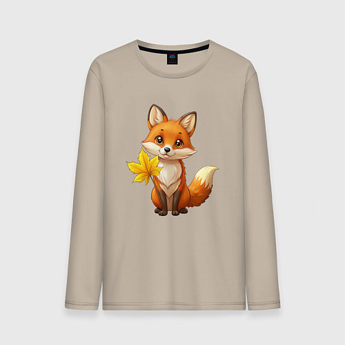 Мужской лонгслив Рыжая лисица с осенним листочком / Миндальный – фото 1