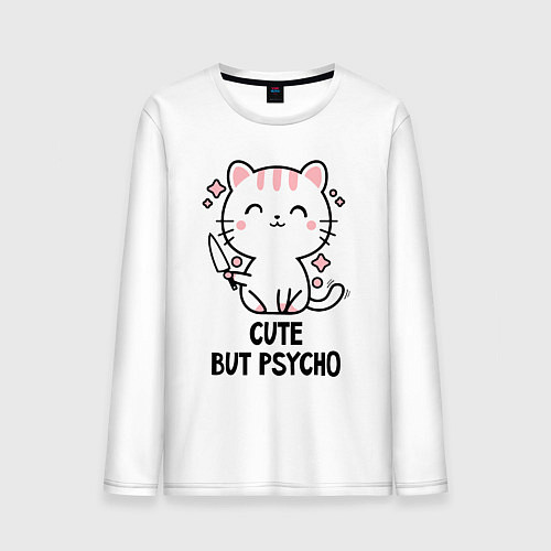 Мужской лонгслив Cute but psycho - cat / Белый – фото 1