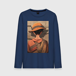 Лонгслив хлопковый мужской Ван-Пис Луффи стенгазета, цвет: тёмно-синий