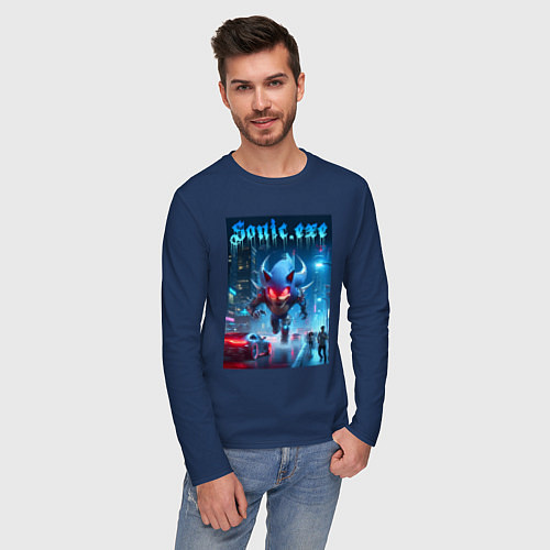 Мужской лонгслив Ёжик монстр в ночном мегаполисе - неоновое свечени / Тёмно-синий – фото 3