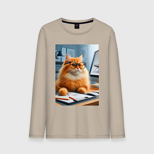 Мужской лонгслив Рыжий кот дизайнер - нейроарт / Миндальный – фото 1
