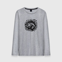 Лонгслив хлопковый мужской Татуировка лосось в брызгах воды, цвет: меланж