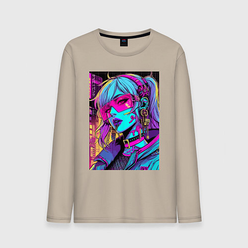 Мужской лонгслив Кибер девчонка в розовых очках - нейроарт / Миндальный – фото 1