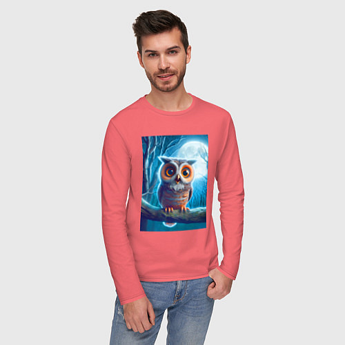 Мужской лонгслив Милый совёнок на фоне луны - нейроарт фантазия / Коралловый – фото 3
