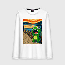 Лонгслив хлопковый мужской Динозаврик кричит на картине Эдварда Мунка - мем и, цвет: белый