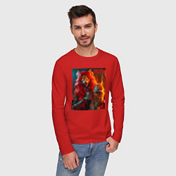 Лонгслив хлопковый мужской Ведьма с рыжим котом - хэллоуин, цвет: красный — фото 2
