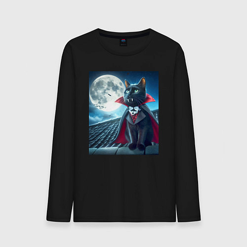 Мужской лонгслив Чёрный кот вампир - хэллоуин / Черный – фото 1