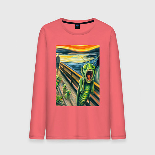 Мужской лонгслив Кузнечик кричит на картине Эдварда Мунка - мем иск / Коралловый – фото 1